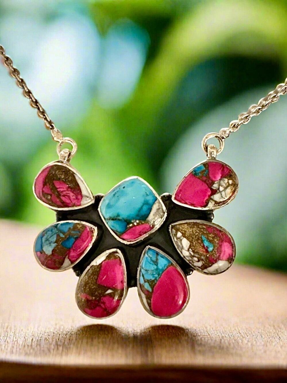 Cotton Candy Turquoise Half Cluster Sterling Silver Necklace 18”